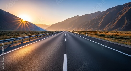 asphalt highway, mountain road, sunrise landscape, scenic drive