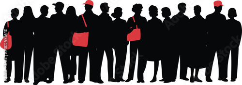 Crowd people silhouettes set, diverse group standing together, black figures with red bag accents illustration