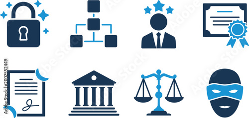 Legal and security icons set, law justice protection symbols, business certification and data privacy illustration collection