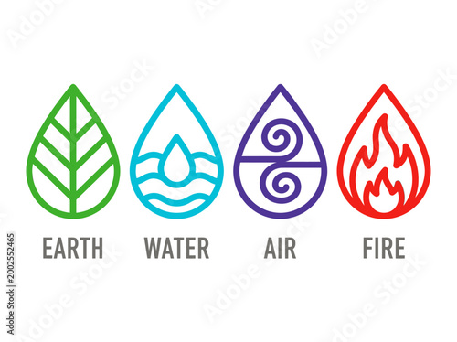 Set of Four Classical Elements Vector Icons: Earth, Water, Air, and Fire in Minimalist Flat Line Art Design