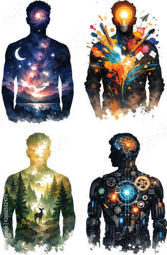 Conceptual Illustration of Human Mindset Profiles Featuring Cosmic Spirituality, Artistic Creativity, Nature Connection, and Artificial Intelligence Technology