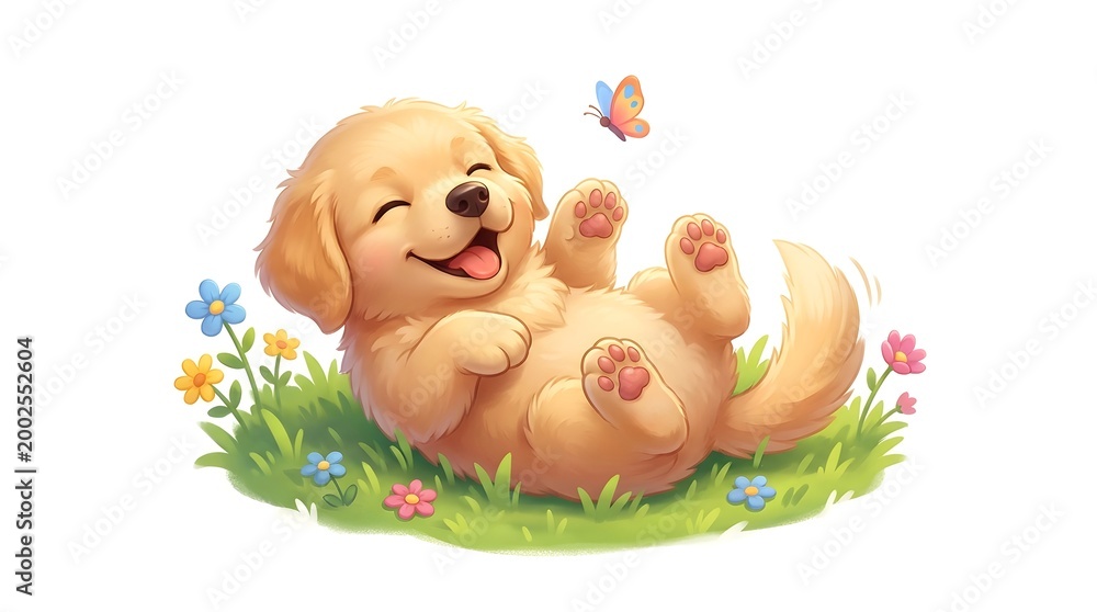 Fototapeta premium Happy Puppy Rolling in Grass with Copy Space for Joyful Marketing