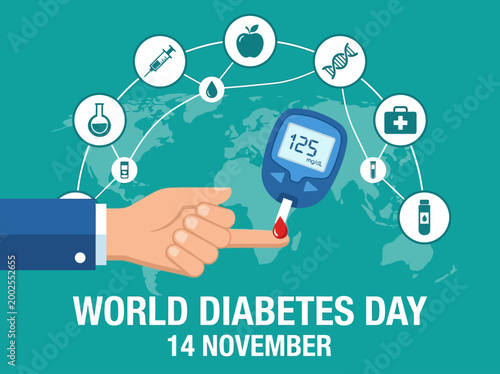 World Diabetes Day Awareness Concept Vector Illustration with Blood Glucose Meter, Medical Icons, and World Map Background for Healthcare Prevention and Management Campaigns