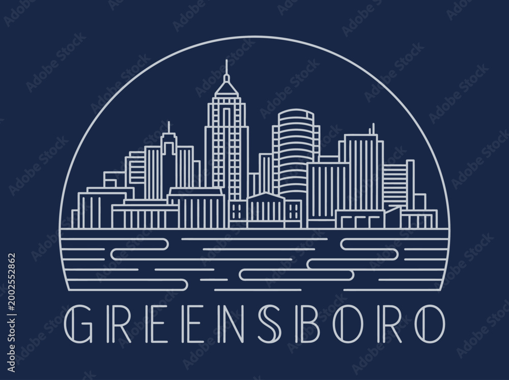 Fototapeta premium Greensboro North Carolina Skyline Minimalist Line Art Illustration on Dark Blue Background