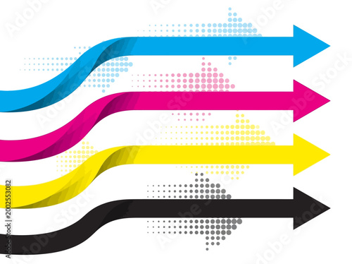 CMYK Color Arrows with Halftone Effects - Professional Vector Graphic for Printing Industry, Creative Design Process and Business Growth Strategy