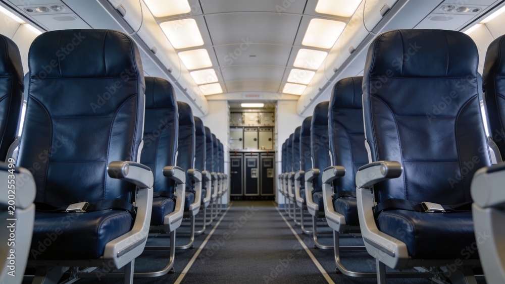 Naklejka premium Ultra Realistic Empty Commercial Airplane Cabin Interior with Symmetrical Aisle Perspective and Clean Modern Lighting Design