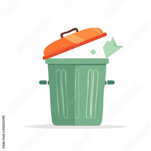 Green Trash Can with Open Orange Lid and Broken Glass