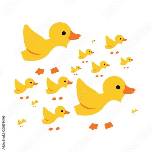 Cute cartoon ducklings following mother duck, isolated on white background