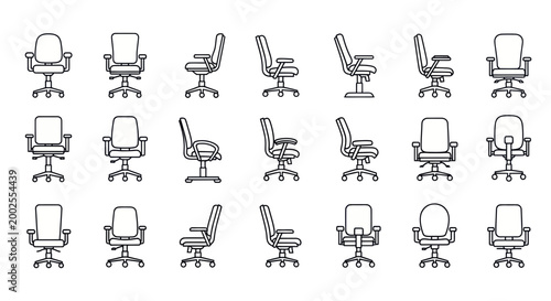 Collection of office chairs in various positions.