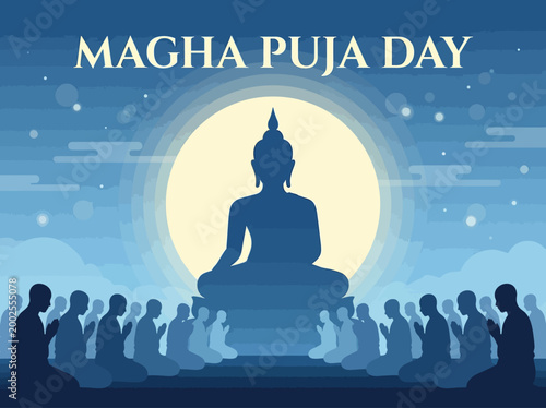 Magha Puja Day Illustration with Buddha Silhouette and Praying Monks Under a Full Moon