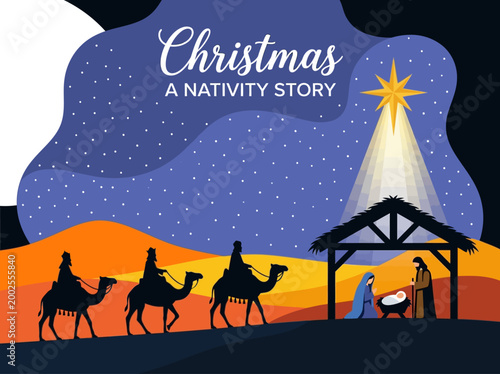 Stylized Christmas Nativity Scene Vector Illustration with Three Wise Men, Holy Family, and Star of Bethlehem under Starry Night Sky