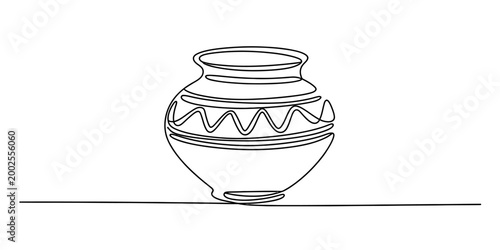 Single line drawing of a decorative ancient pot with wavy pattern