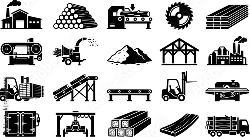 Timber processing industry glyph icons illustrating the entire lumber production process from forest to finished wood products for various business and educational applications.