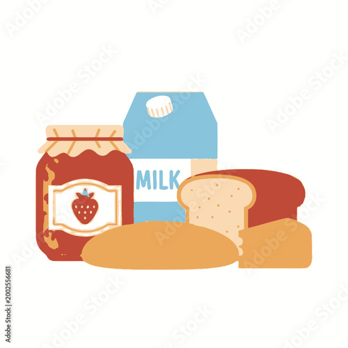Fresh Bread, Milk Carton, and Strawberry Jam Jar - Breakfast Food Illustration