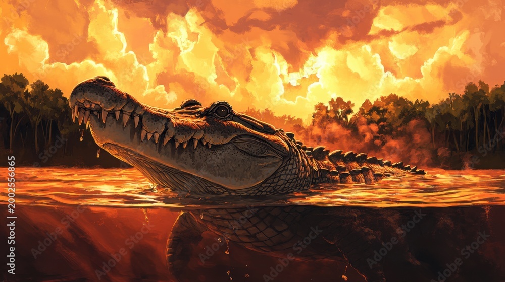 Fototapeta premium Crocodile Emerging from Water Against Dramatic Sunset Background