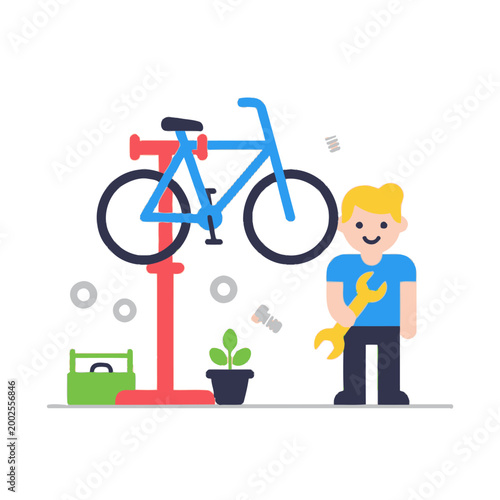 Bicycle repair service, mechanic fixing bike with wrench, workshop, maintenance concept