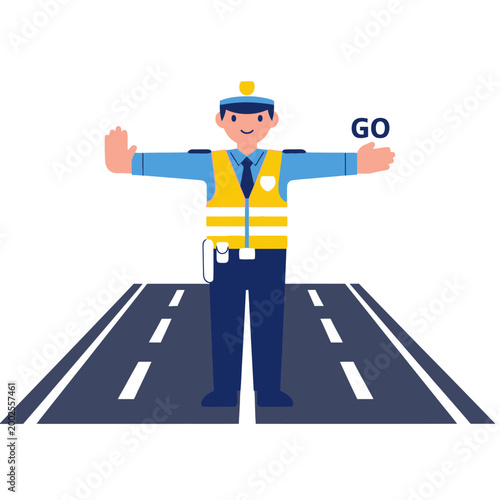 Traffic Cop Directing Traffic with GO Signal on Road