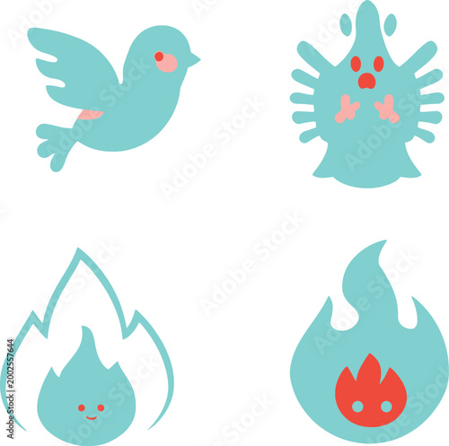 Fire icons set with birds and dove peace symbols vector cartoon illustration design