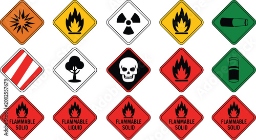 Set of Industrial Safety Warning Signs with Hazard Icons Flat Design Vector