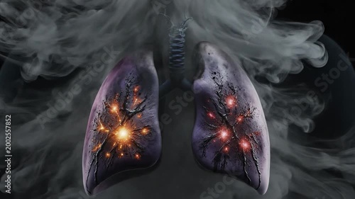 Human Lungs Anatomy Glowing Blue and Cyan with Smoke Particles
