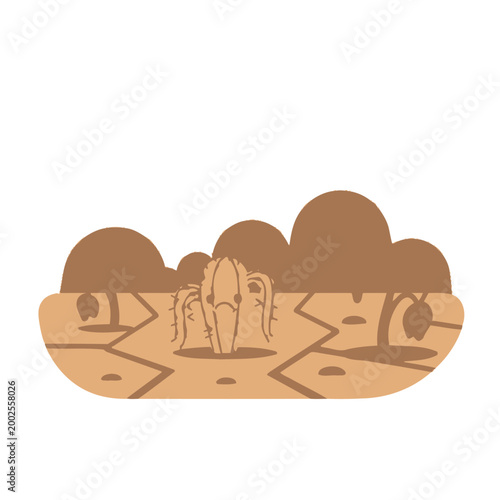 Sad Cactus in Cracked Dry Desert Landscape with Wilted Plants