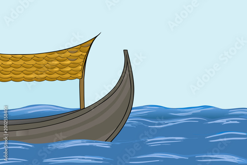 thatched boat on blue water flat vector illustration