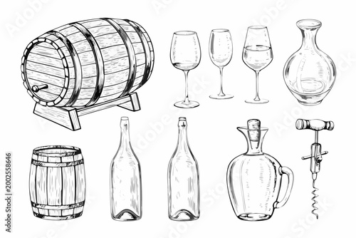 hand drawn winery collection with wine barrels and glassware