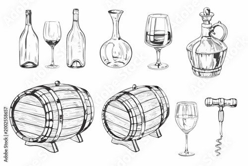 hand drawn wine bottles glasses and barrels sketch collection