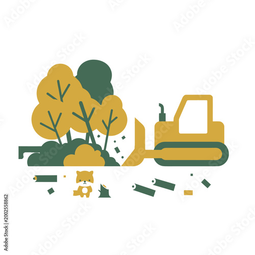 Bulldozer clearing forest with sad fox, deforestation concept