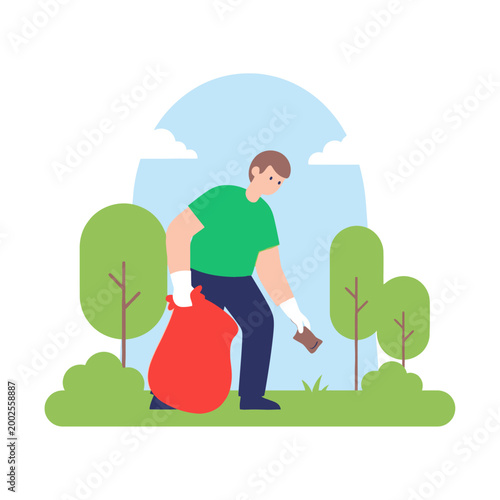 Man cleaning park, collecting trash in red bag, environmental protection concept