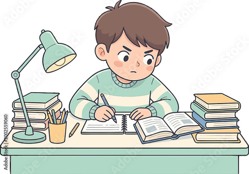 A focused young boy intently studying and writing in a notebook at a desk with books and a lamp illuminating his work