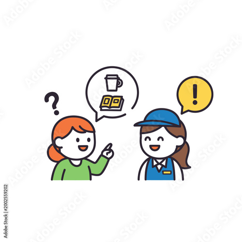 Customer asking for help at a store, employee giving advice with coffee and book icons