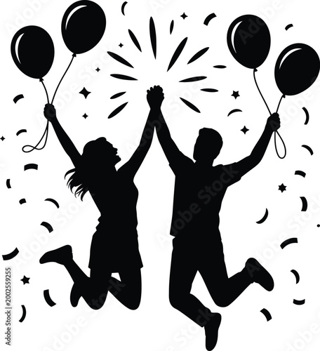 Celebration Silhouette Couple Holding Balloons and Fireworks Icon