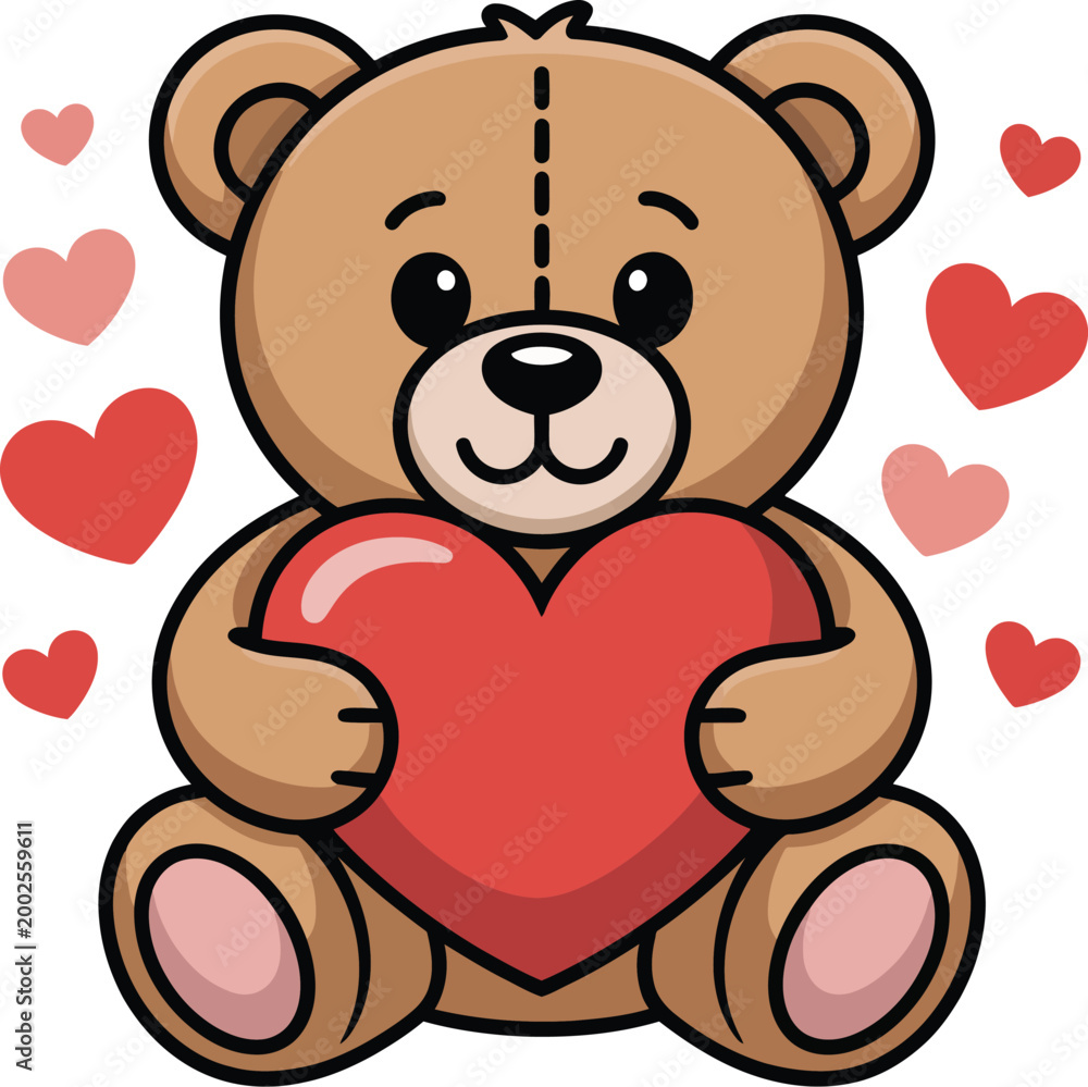 Naklejka premium Cute Teddy Bear Holding Red Heart Icon with Floating Hearts