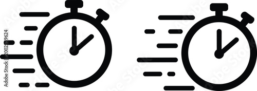 Fast delivery stopwatch icon set with motion lines representing speed quick service time management and countdown vector symbols
