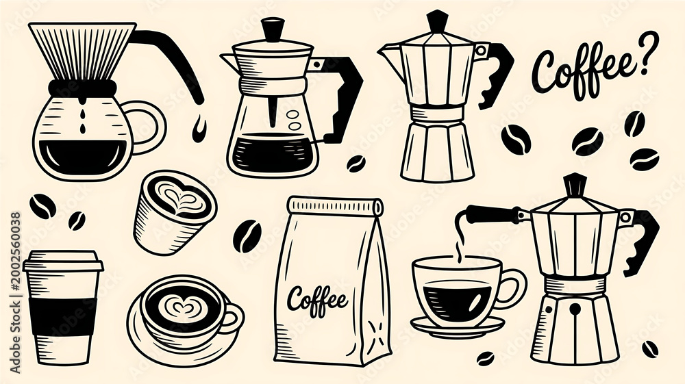Obraz premium Black coffee icons on beige background
