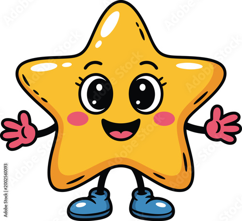Happy cartoon star character with smiling face and blue shoes upside down against white background