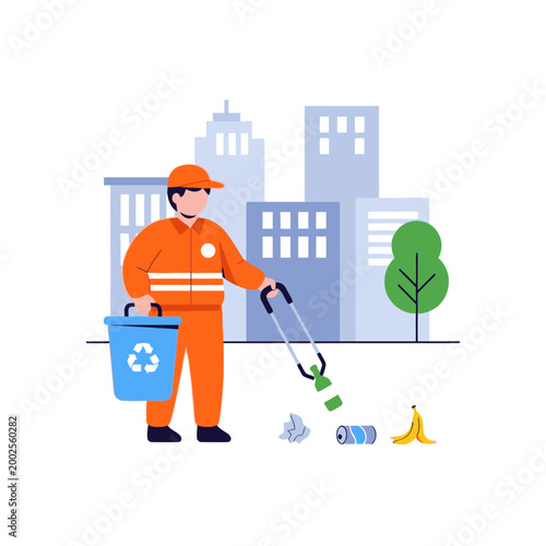 Sanitation worker cleans city street, collecting litter with grabber tool and bin