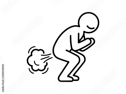 Simple black and white line art illustration of a stick figure crouching and passing gas, emitting a cartoon cloud of odor