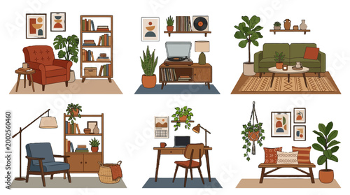 Set of beautifully illustrated cozy interior rooms with modern furniture and green plants