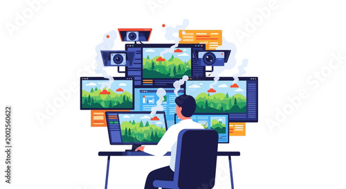Man monitoring multiple screens in a control room.