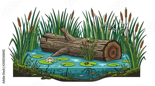 Detailed Illustration of a Serene Pond Environment Featuring a Log, a Frog, Water Plants, and Aquatic Wildlife