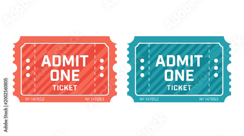 A pair of vintage-style admit one tickets in vibrant red and teal, perfect for events, concerts, or entry passes