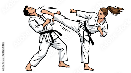 Energetic Vector Art of a Woman Delivering a High Kick to a Man's Head during Karate Practice