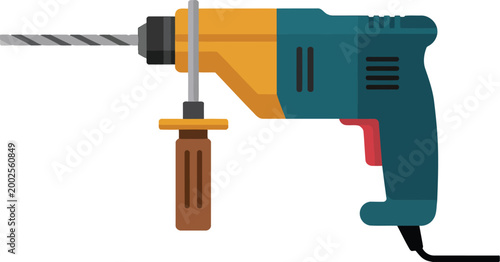 Rotary Hammer Drill with Bit and Auxiliary Handle on White Background Icon