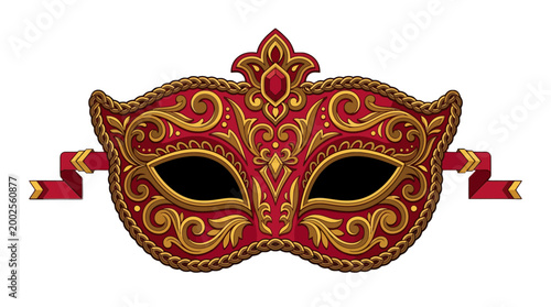 Luxurious Ornate Carnival Mask in Rich Red and Gold, Embodying Elegance and Mystery for Festive Celebrations
