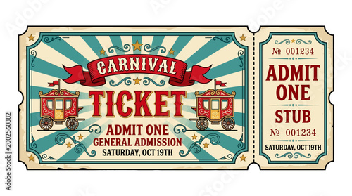 Old-fashioned Carnival Admission Ticket Design with Detachable Stub and Ornate Details