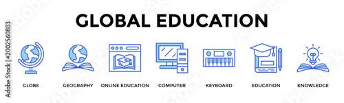 Global Education  Banner Web  Icon Set Collection Pack Vector Illustration Concept Containing Globe, Geography, Online Education, Computer, Keyboard, Education, Knowledge