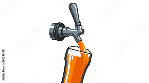 Illustrative design of a refreshing draft beverage being served from a classic tap, filling a glass with a vibrant orange liquid