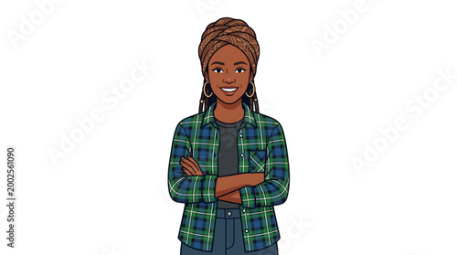 Smiling woman wearing a green plaid shirt and headwrap with arms crossed